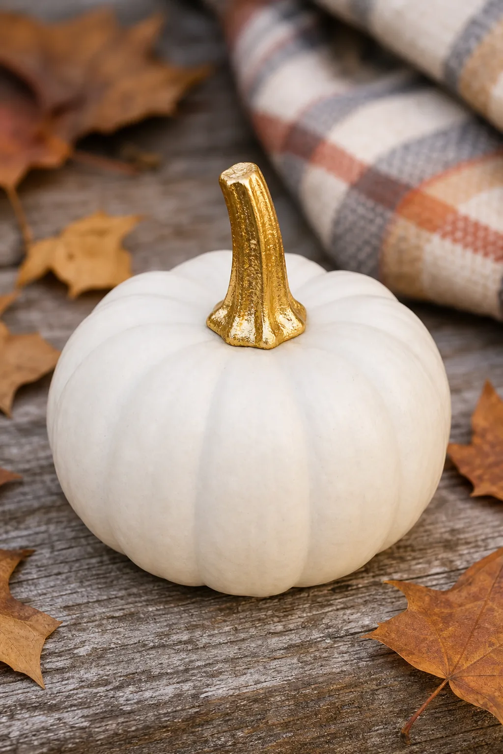 Macro view of a metallic gold painted stem on a white mini pumpkin.