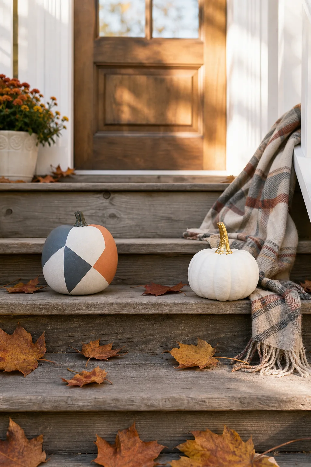 Two mini pumpkins on a wooden step with a clear gap between them.