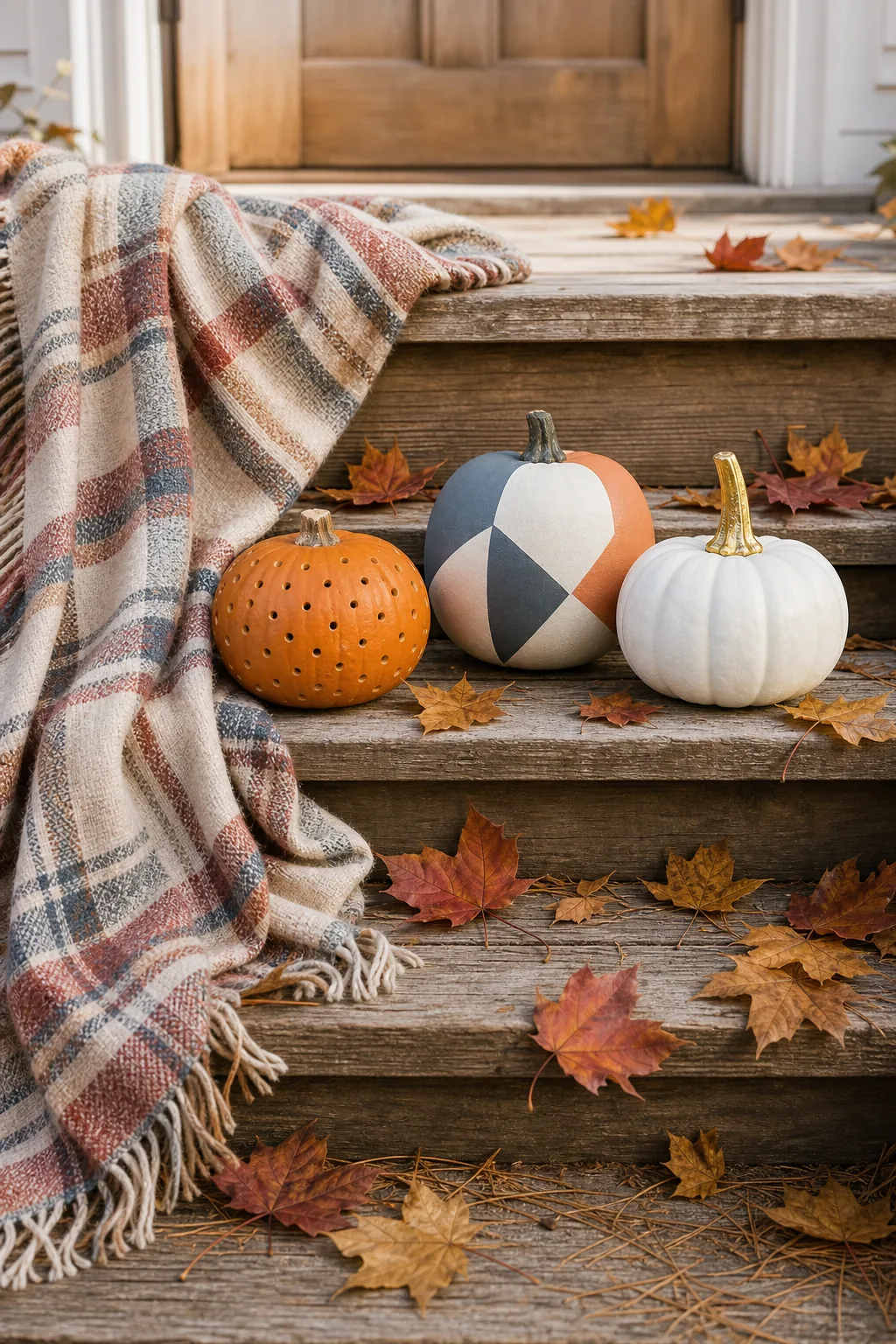 Pumpkins styled on wooden stairs with a plaid blanket and scattered autumn leaves.