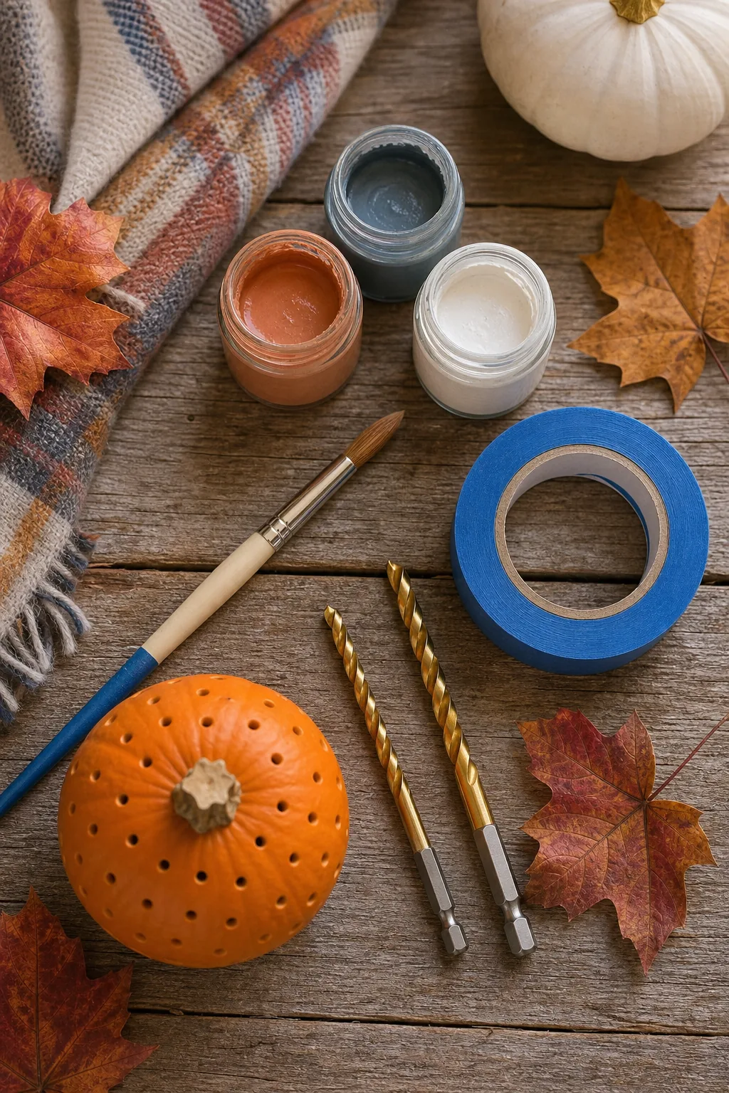 Overhead view of chalk paint jars, a paintbrush, and drill bits.