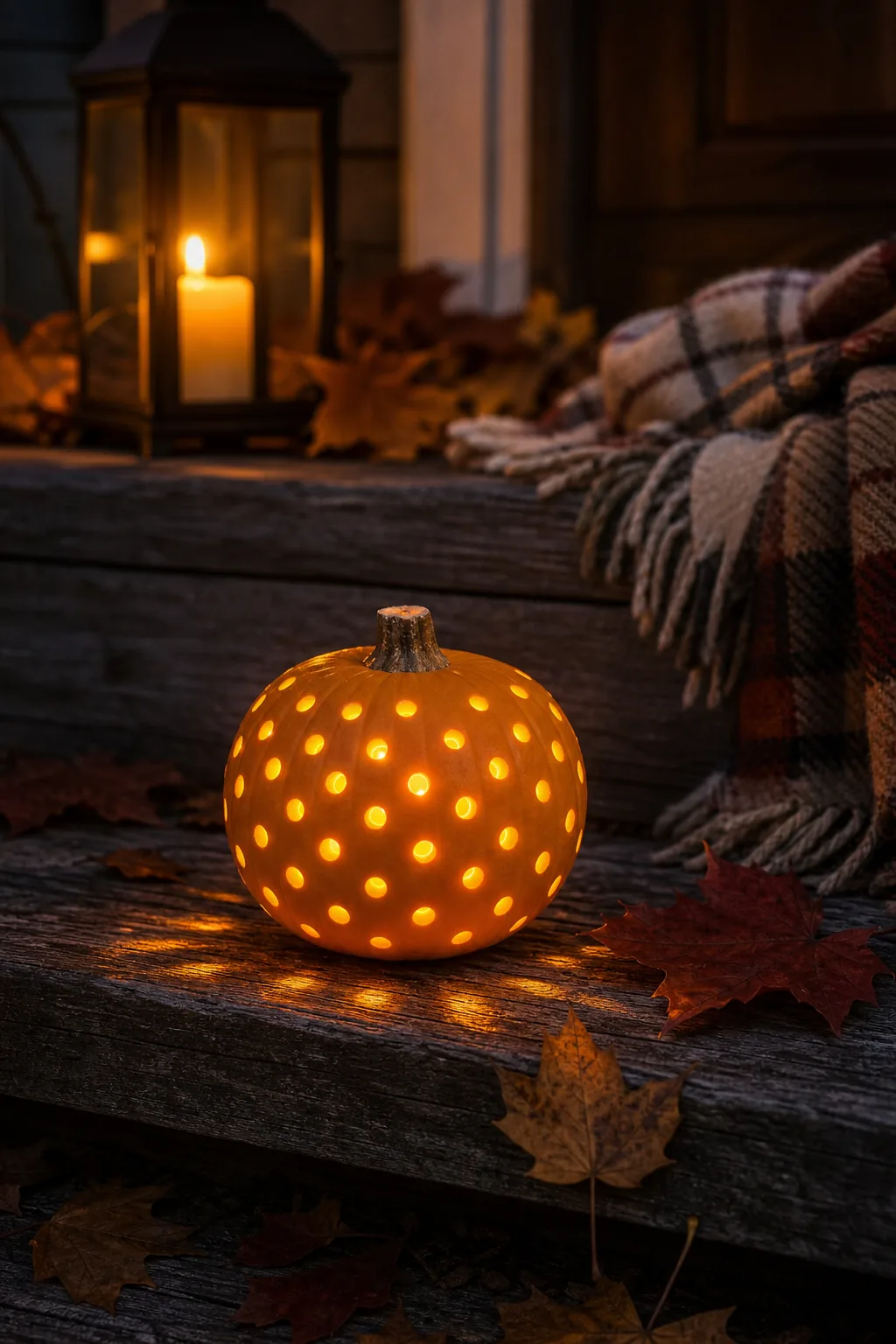 Drilled orange mini pumpkin glowing from within in a dim setting.