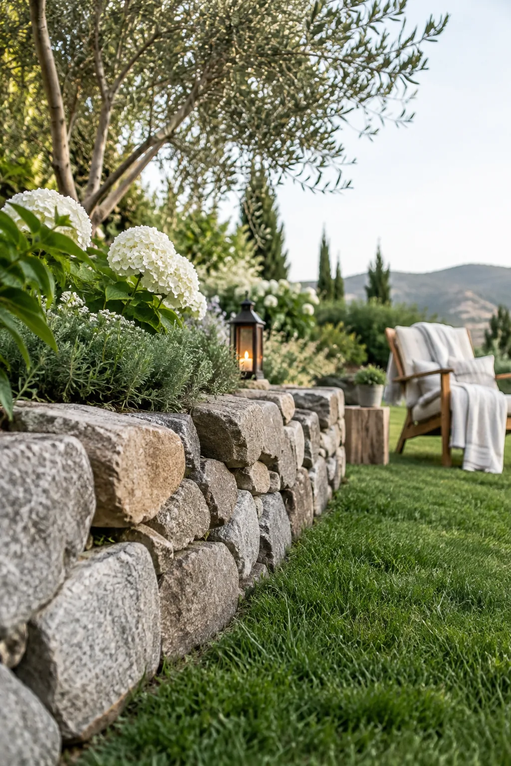 Low dry-stacked fieldstone retaining wall separating a green lawn from a mulch bed