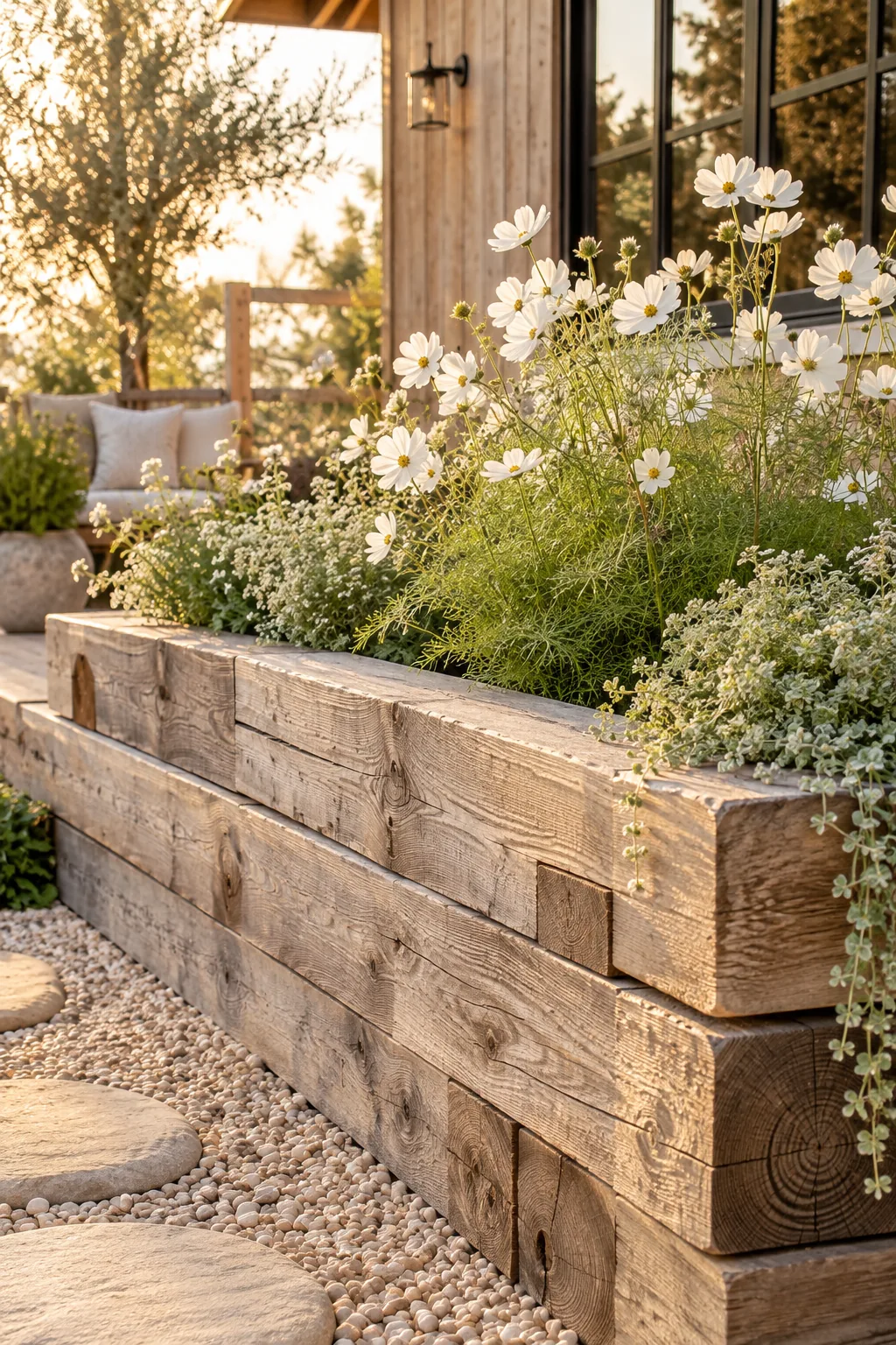 Thick horizontal wooden sleepers forming a low retaining wall around a flower bed