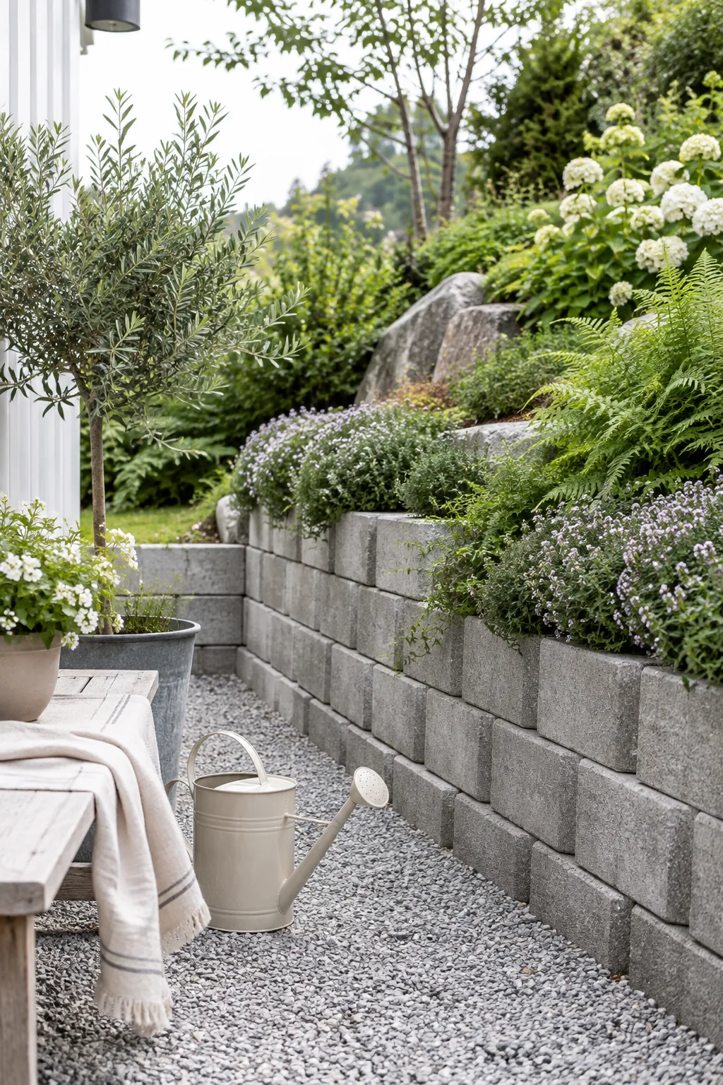 Curved retaining wall made of textured interlocking concrete blocks on a slope