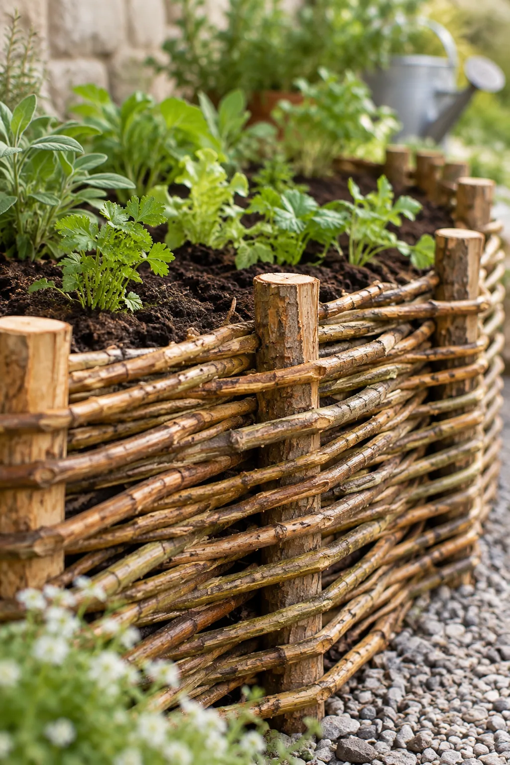 Low retaining wall made of woven willow branches holding back garden soil