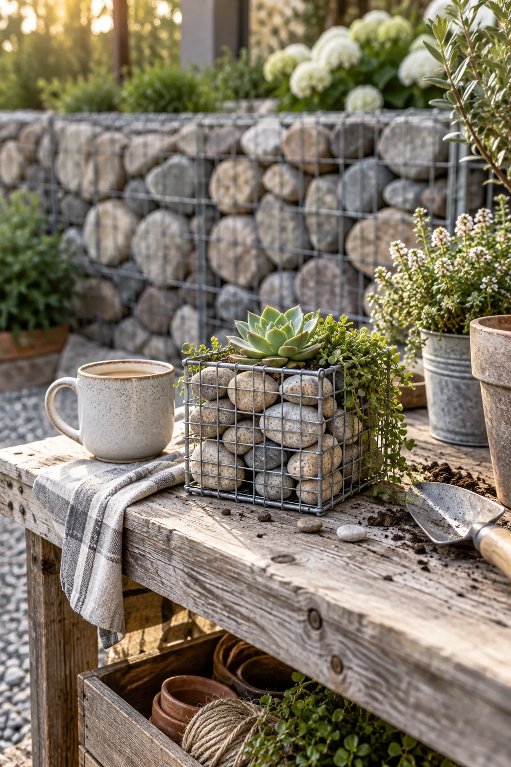 Wire gabion baskets filled with river rocks acting as a low retaining wall