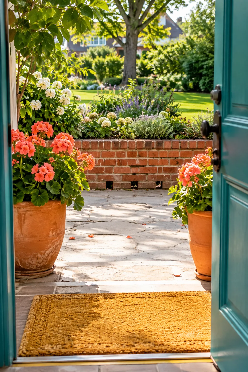 Neat red brick retaining wall with a concrete cap in a formal garden