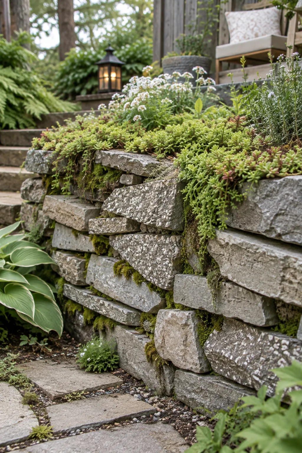 Retaining wall built from stacked chunks of broken concrete rubble