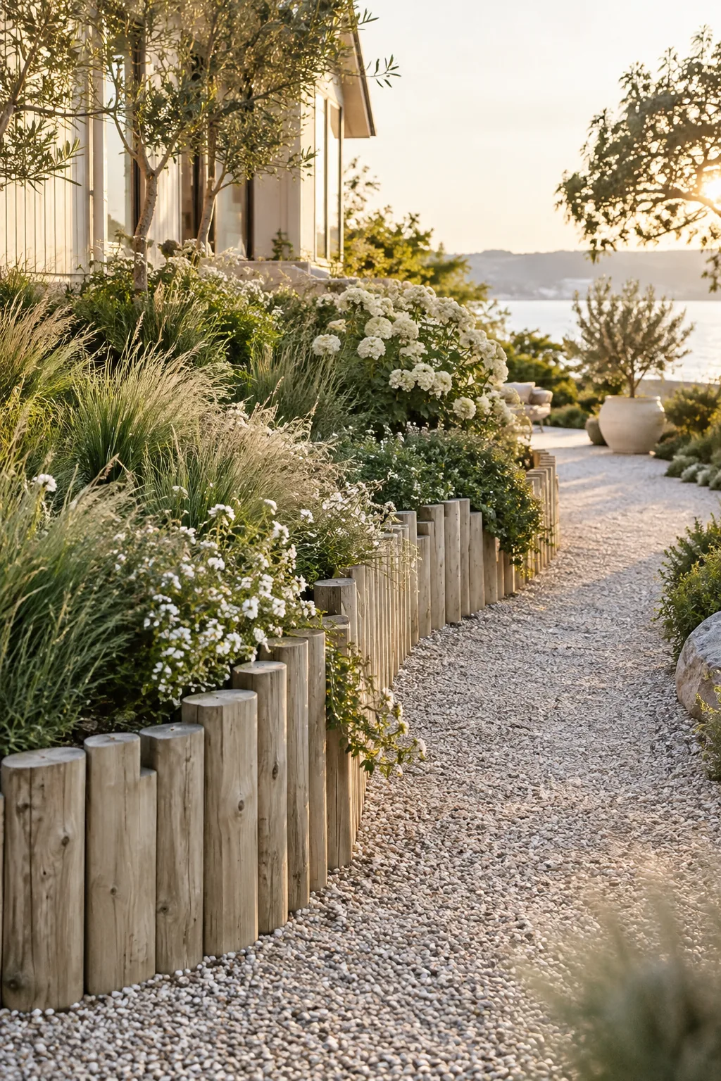 Vertical round wooden posts set at varying heights to hold back a sloped garden bed
