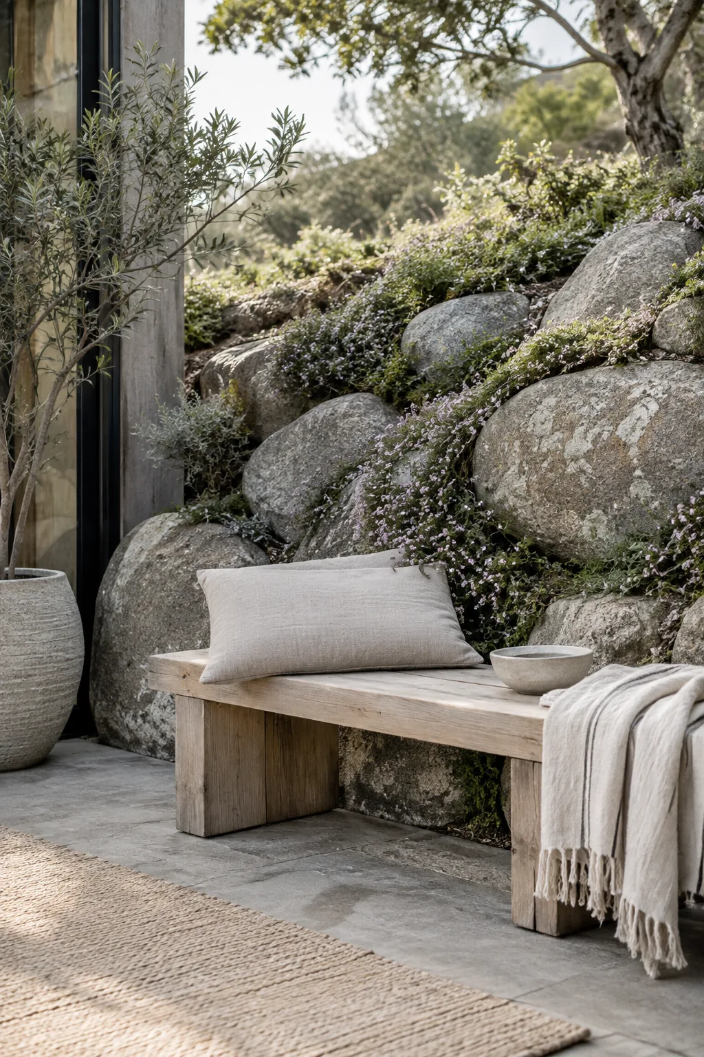 Large landscape boulders embedded into a hillside with creeping plants growing between them