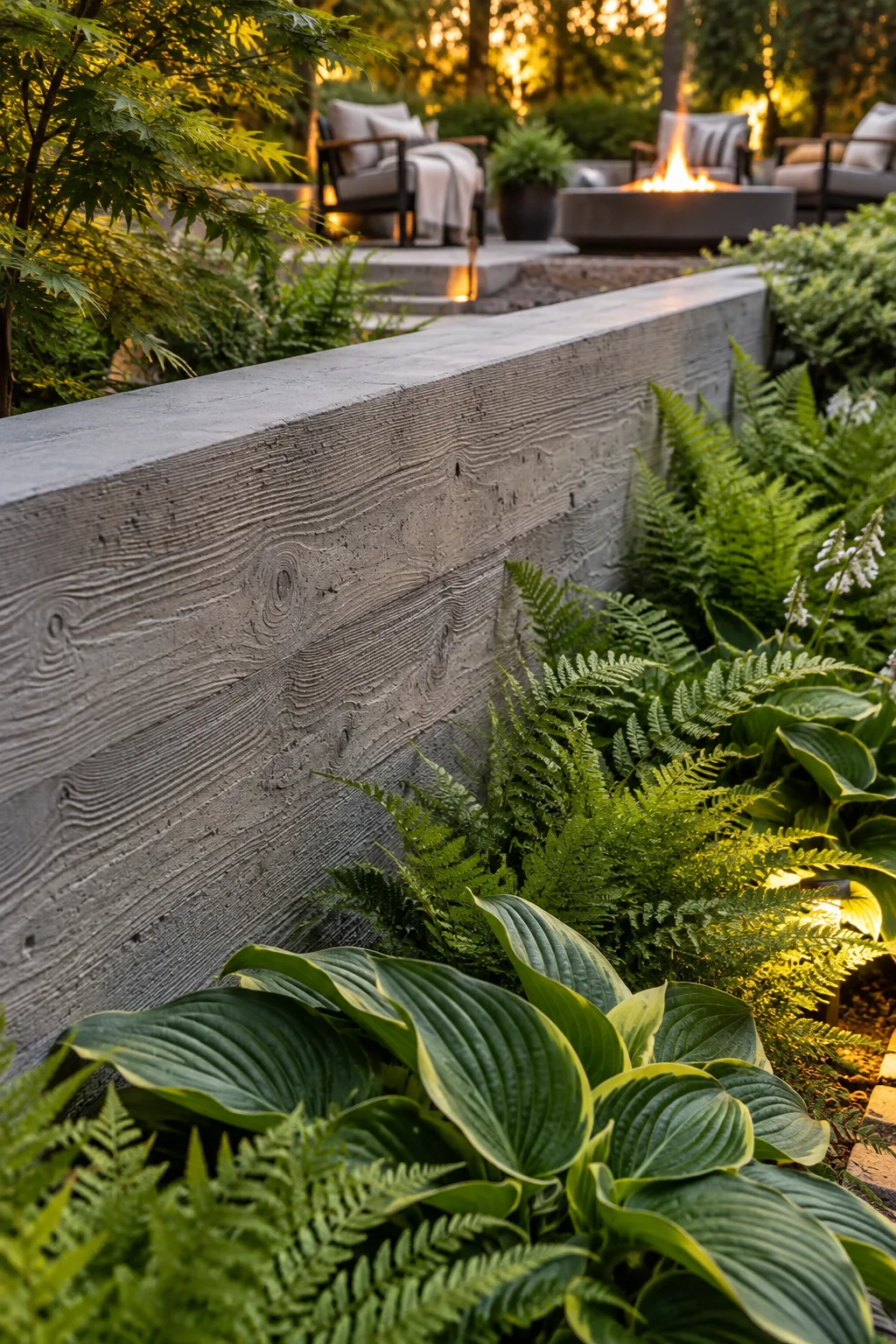 Smooth poured concrete retaining wall serving as built-in seating around a patio