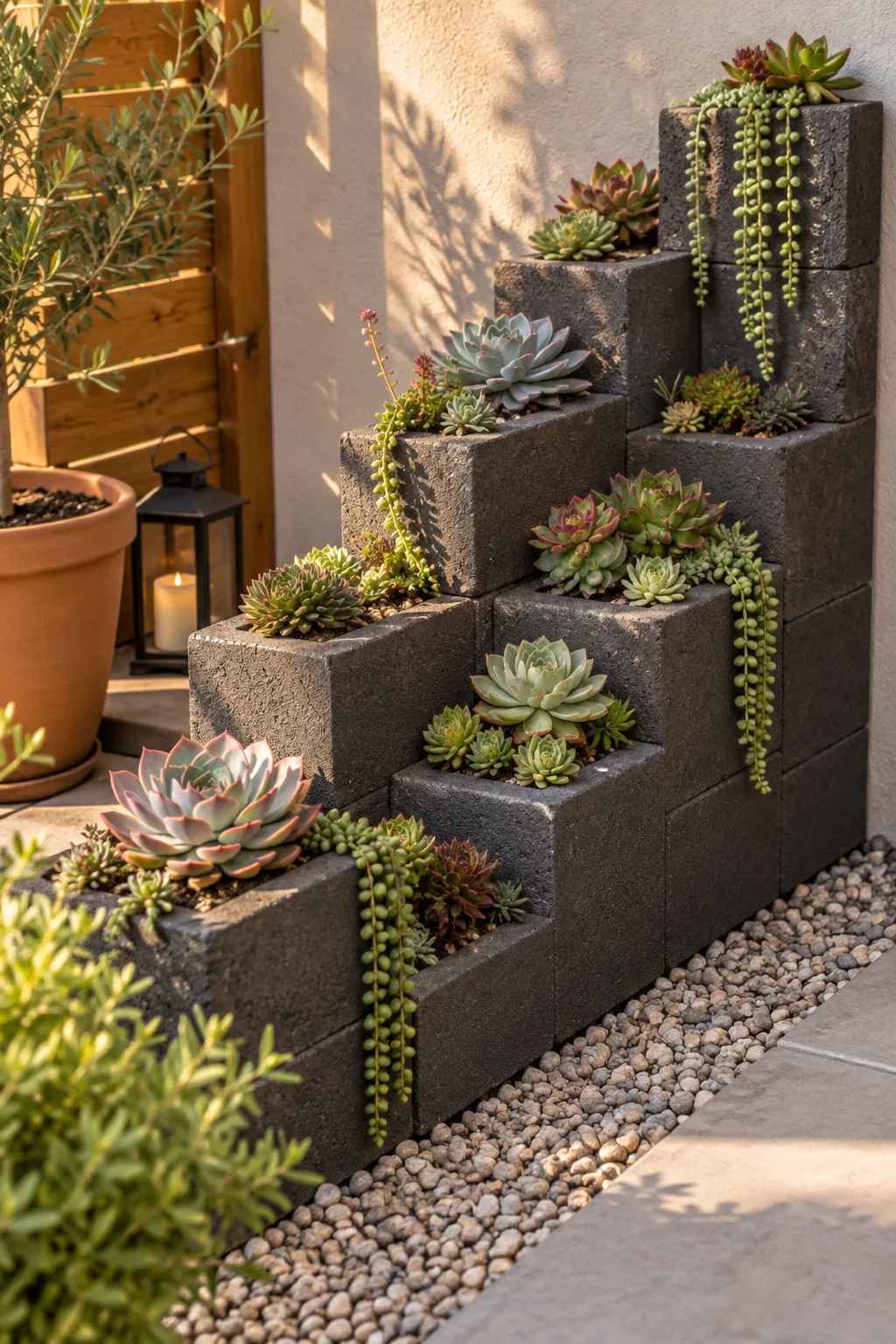 Staggered cinder block retaining wall painted gray with succulents growing in the hollow cores