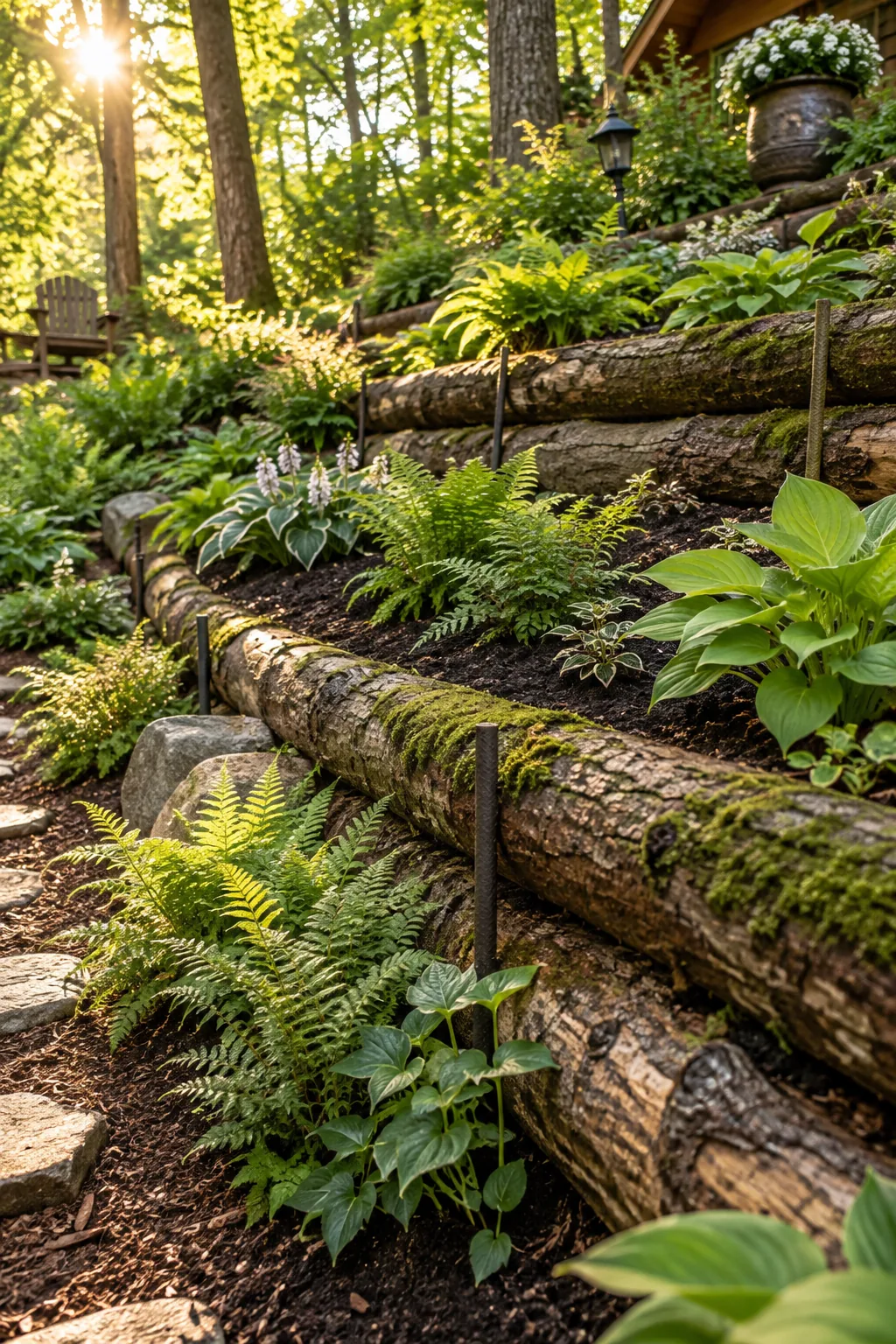 Thick tree trunks pinned to a woodland slope to create terraced garden beds