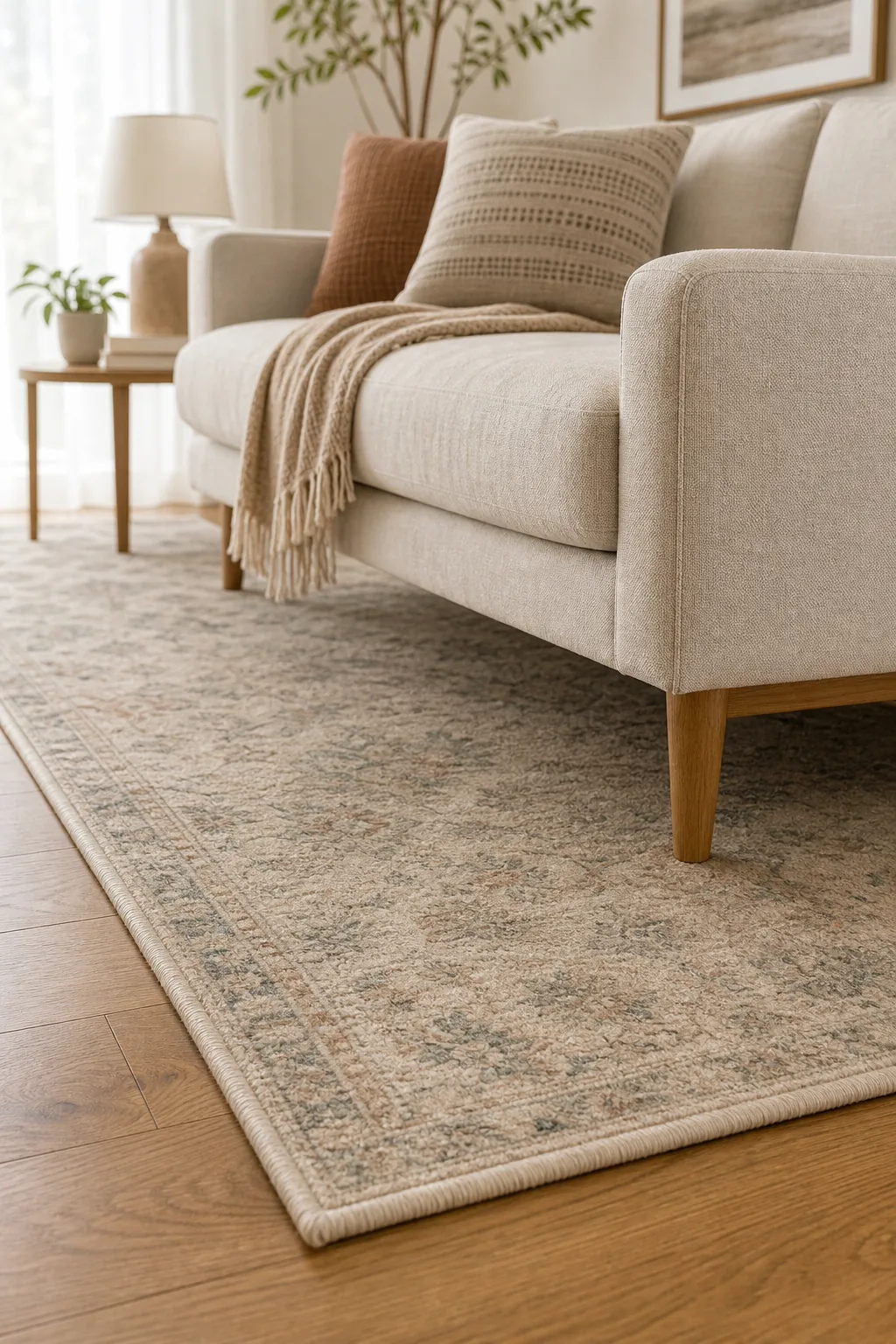 Close-up of wooden sofa legs resting on the edge of a large patterned area rug over an oak floor.