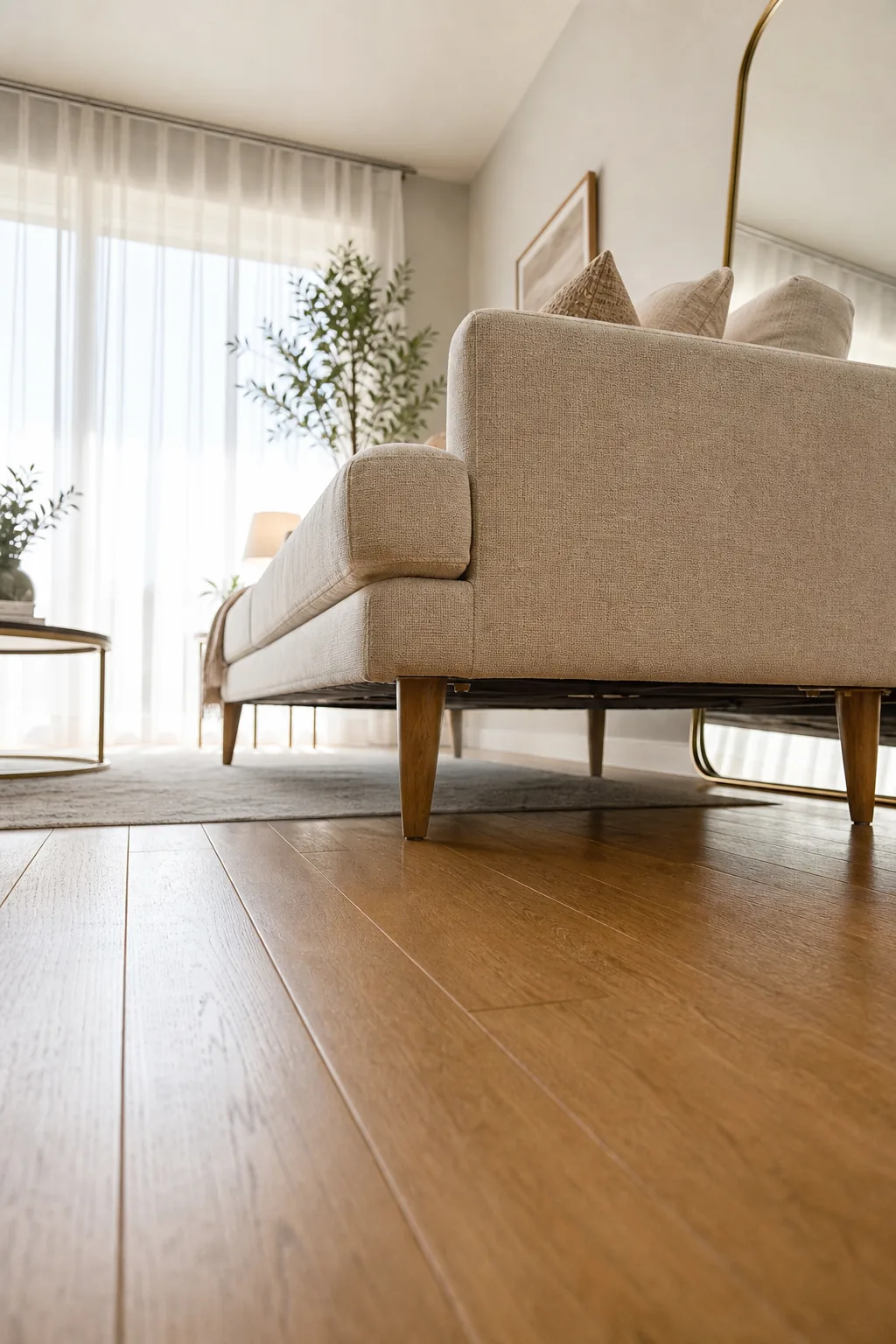 Low angle view showing the empty floor space underneath a modern sofa with tapered wooden legs.