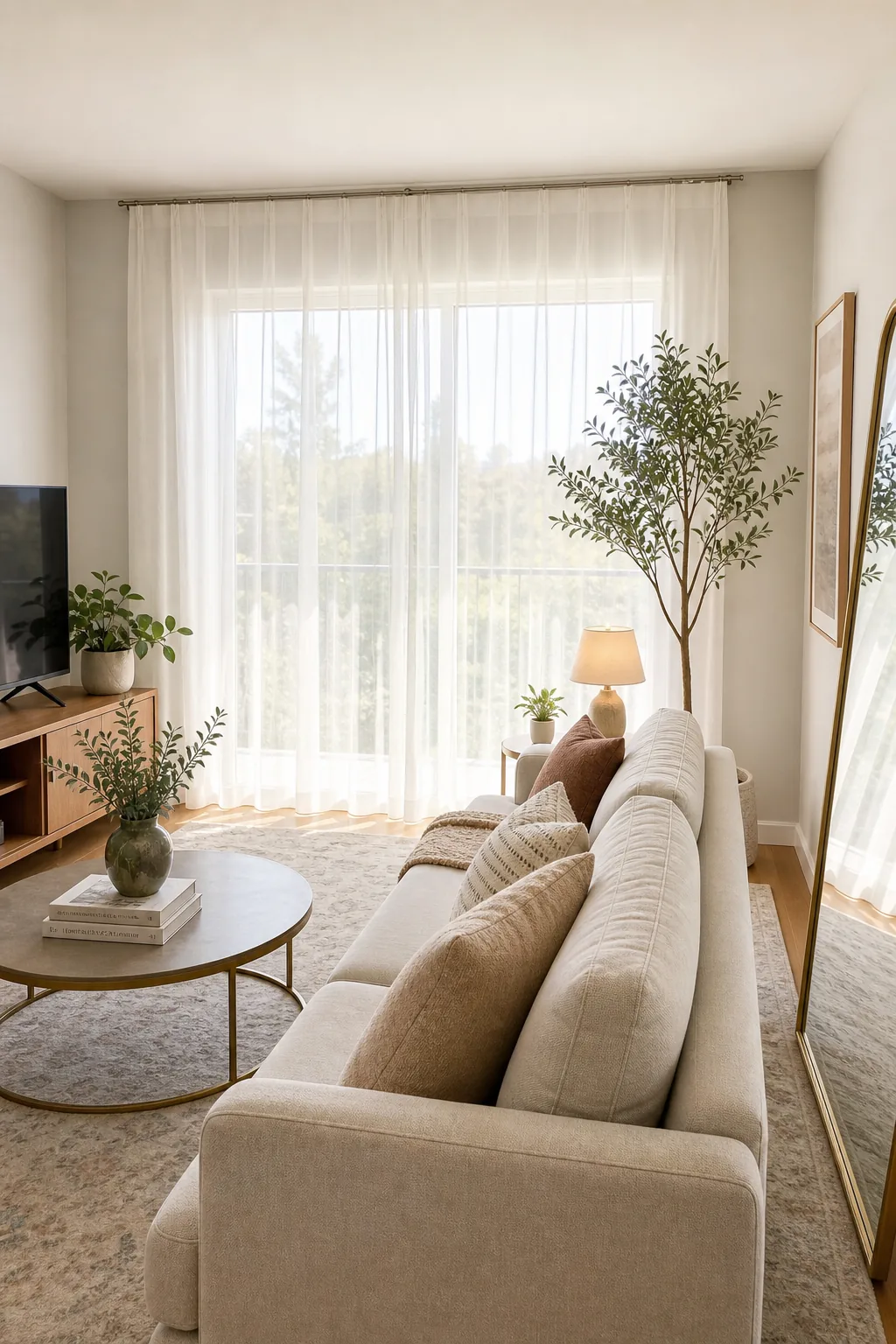 View over the top of a low-backed beige sofa looking toward a bright window.