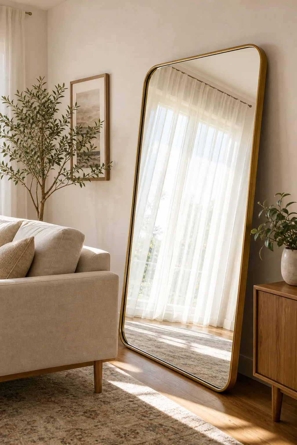 A tall brass floor mirror reflecting sheer white curtains and bright natural sunlight.