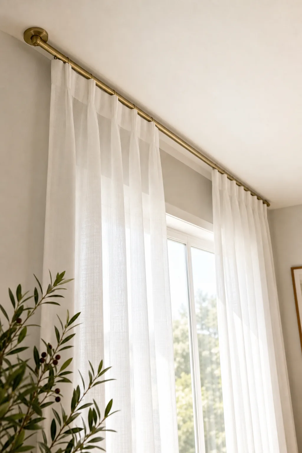 Looking up at sheer white curtains hanging from a rod mounted directly below the ceiling.