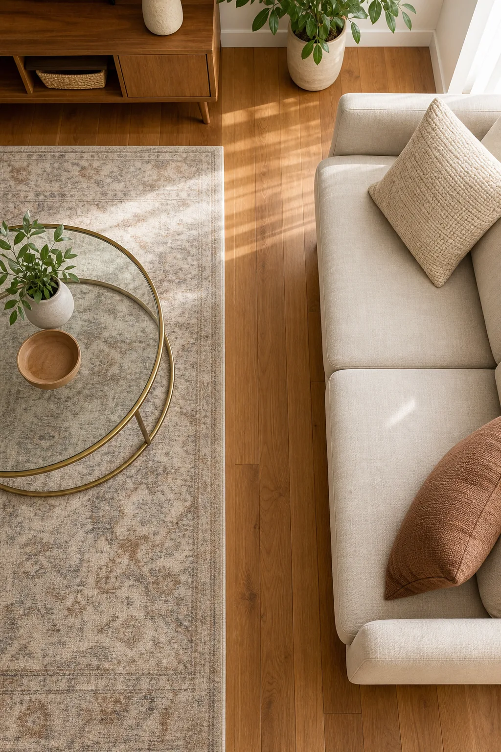 Overhead view of a round glass coffee table spaced perfectly in front of a beige sofa.