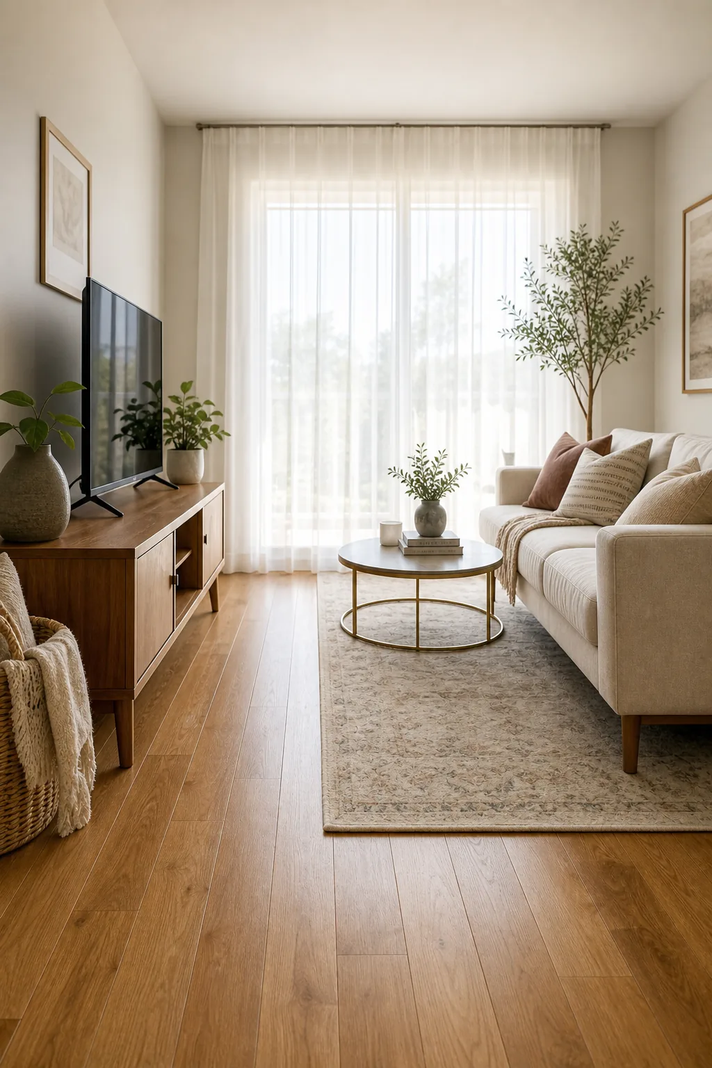 A clear, wide walkway on a wood floor between a coffee table and a TV console.