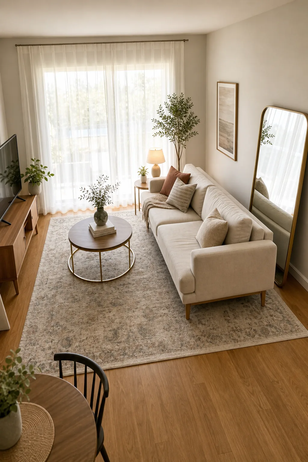 A fully styled, compact living room demonstrating perfect furniture proportions and spacing.