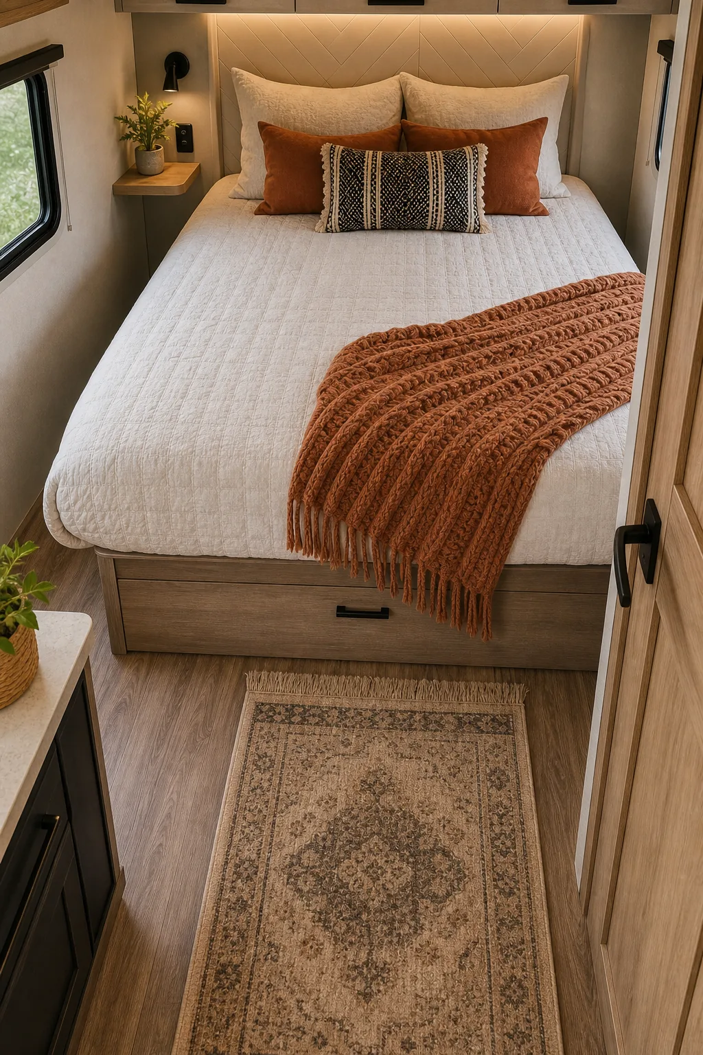High-angle view of an RV bed showing floor space at the foot of the mattress.