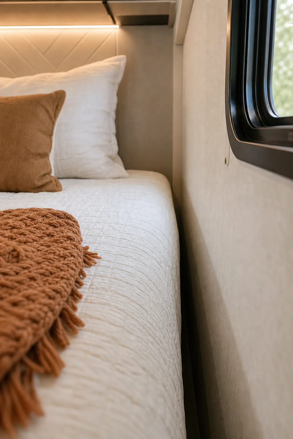 Small intentional gap between a white mattress and the RV window wall.