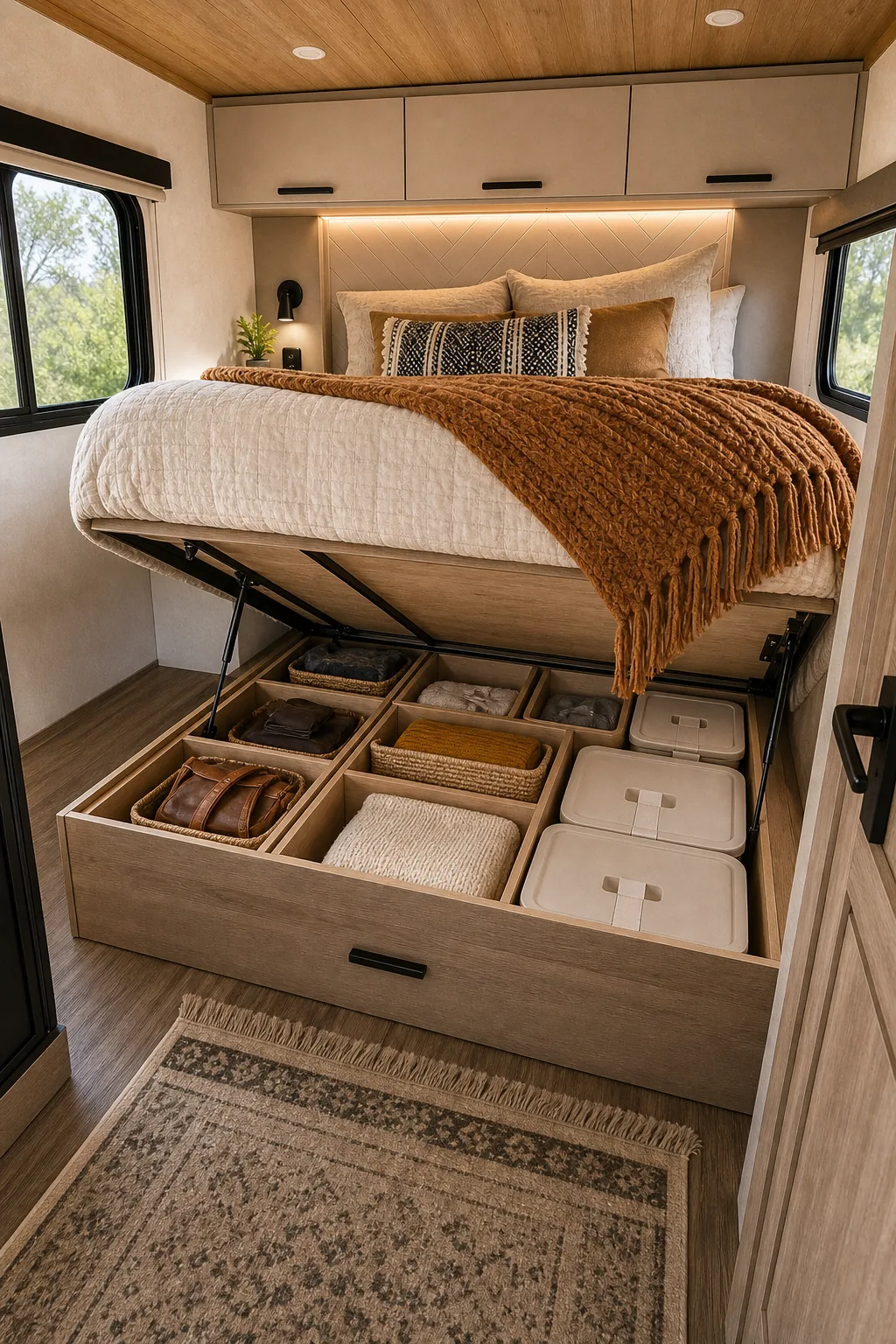 Lifted RV bed platform revealing organized storage bins underneath.