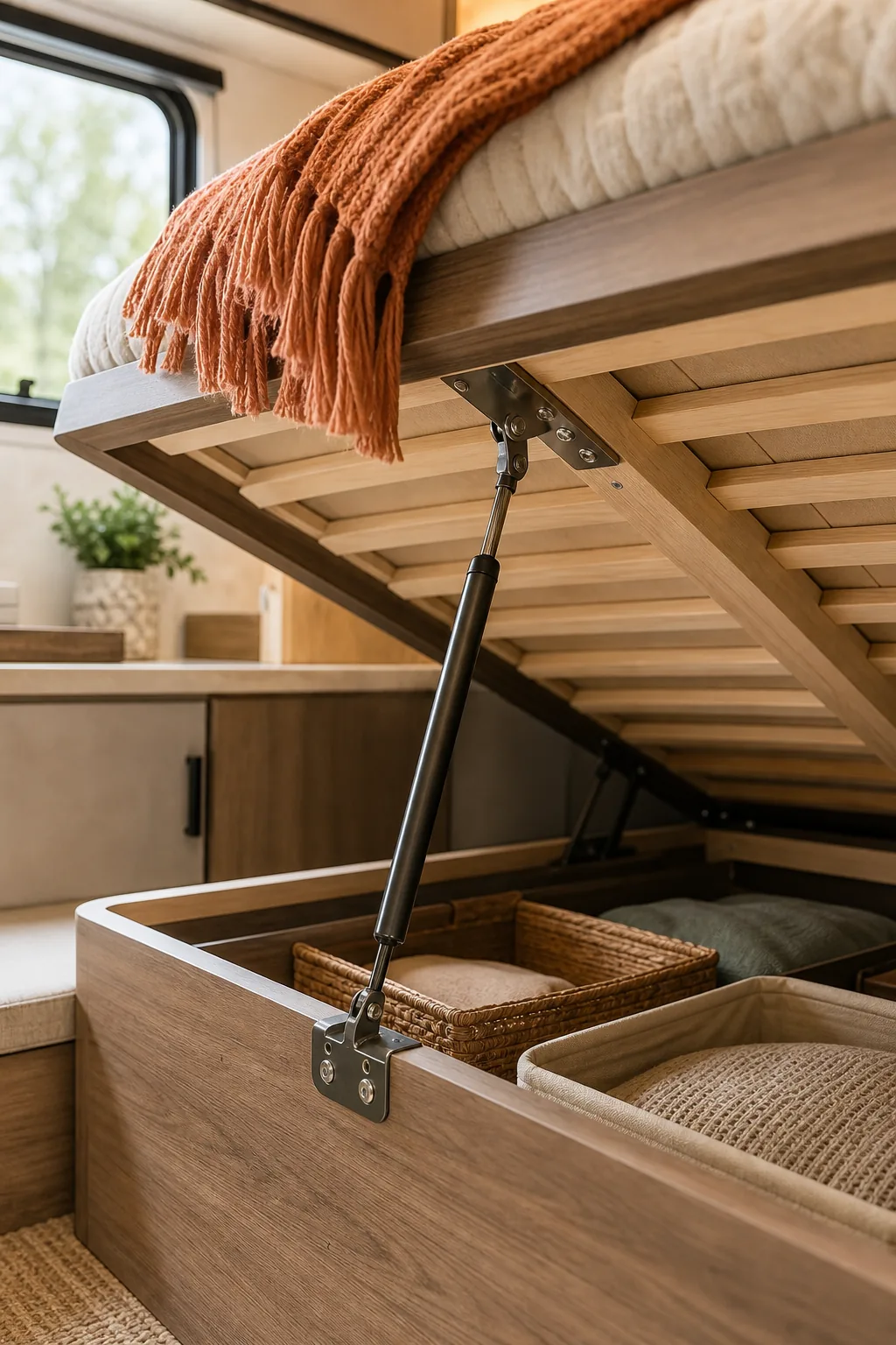 Metal gas strut supporting a wooden bed platform in an RV.
