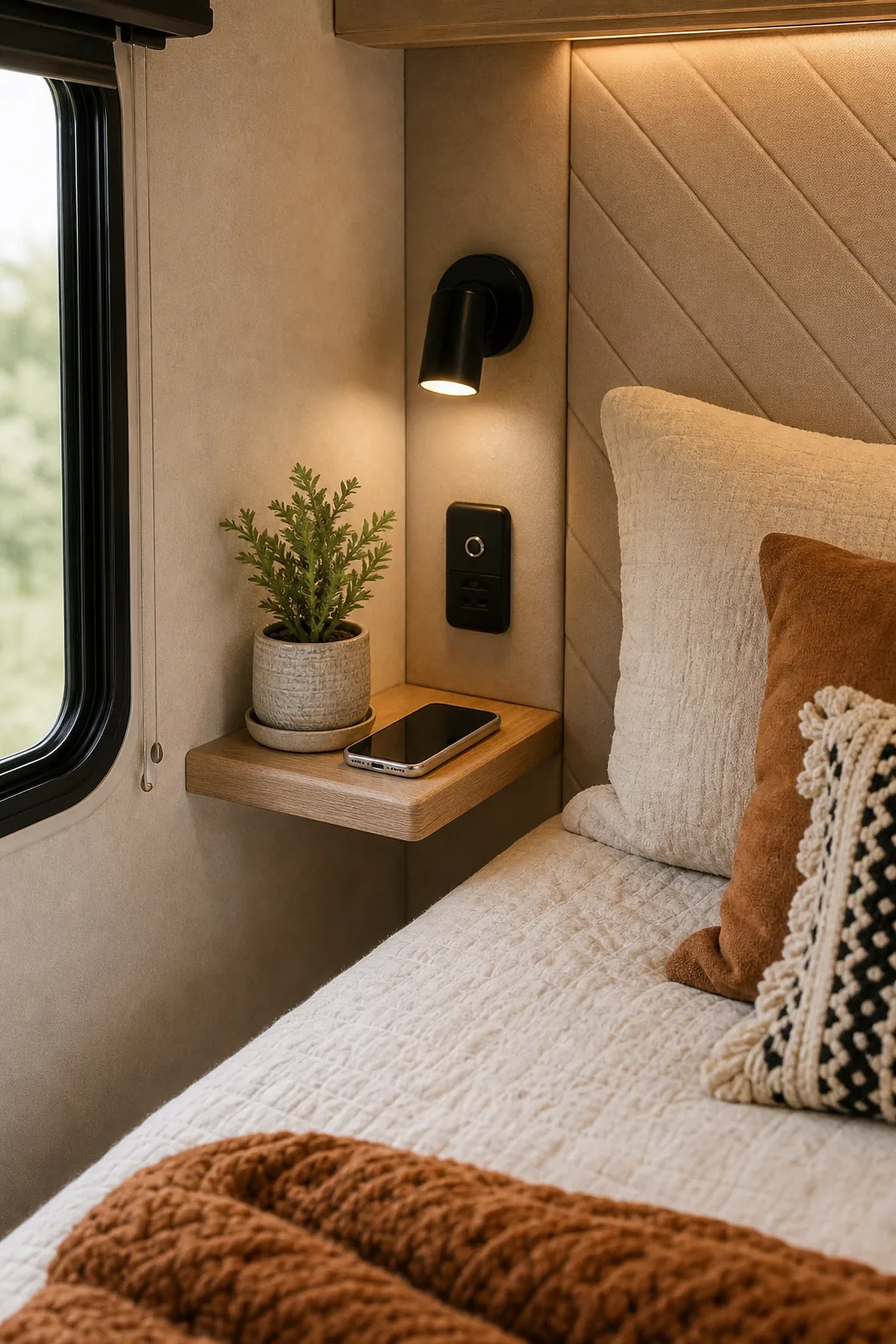 Small wooden floating shelf beside an RV bed holding a phone.