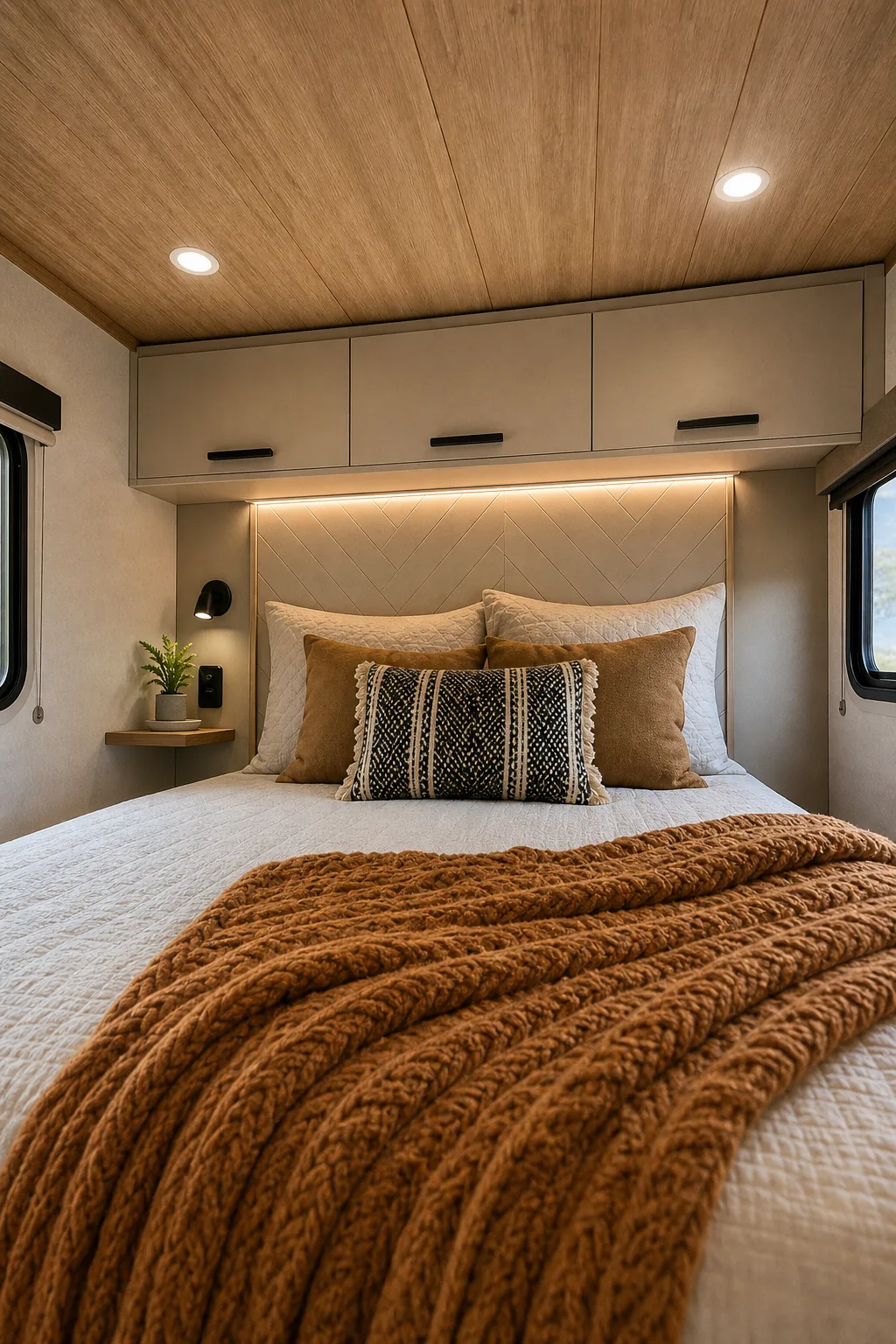 Sleek beige overhead cabinets above a padded headboard in a camper.
