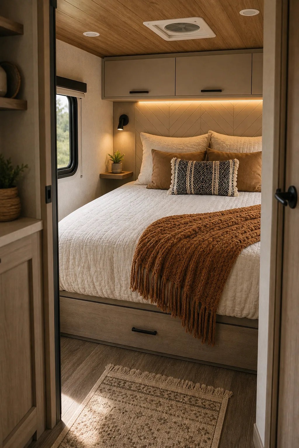 Black matte reading light mounted next to an RV bed.