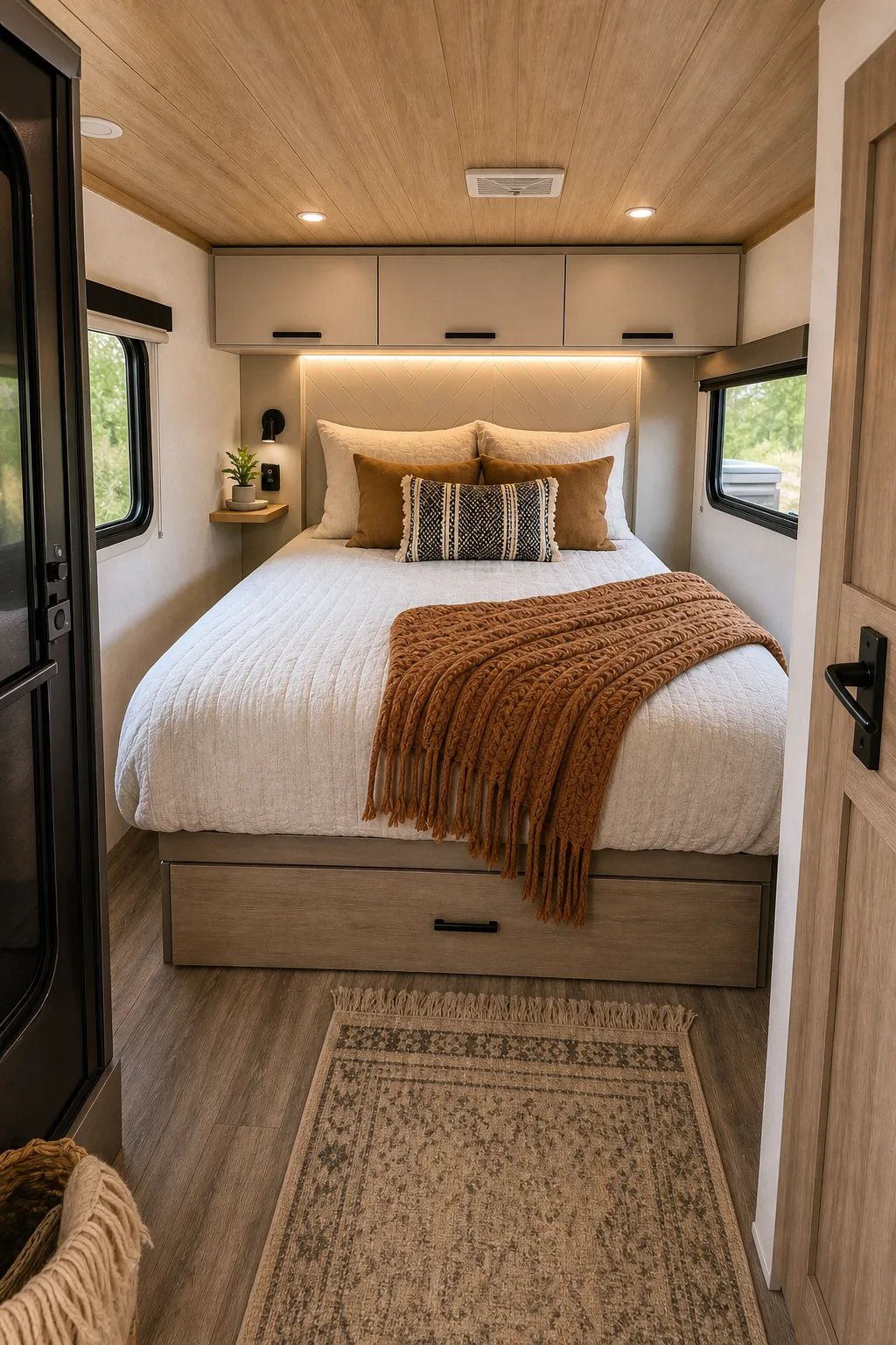 View from the doorway into a well-lit, compact RV bedroom.