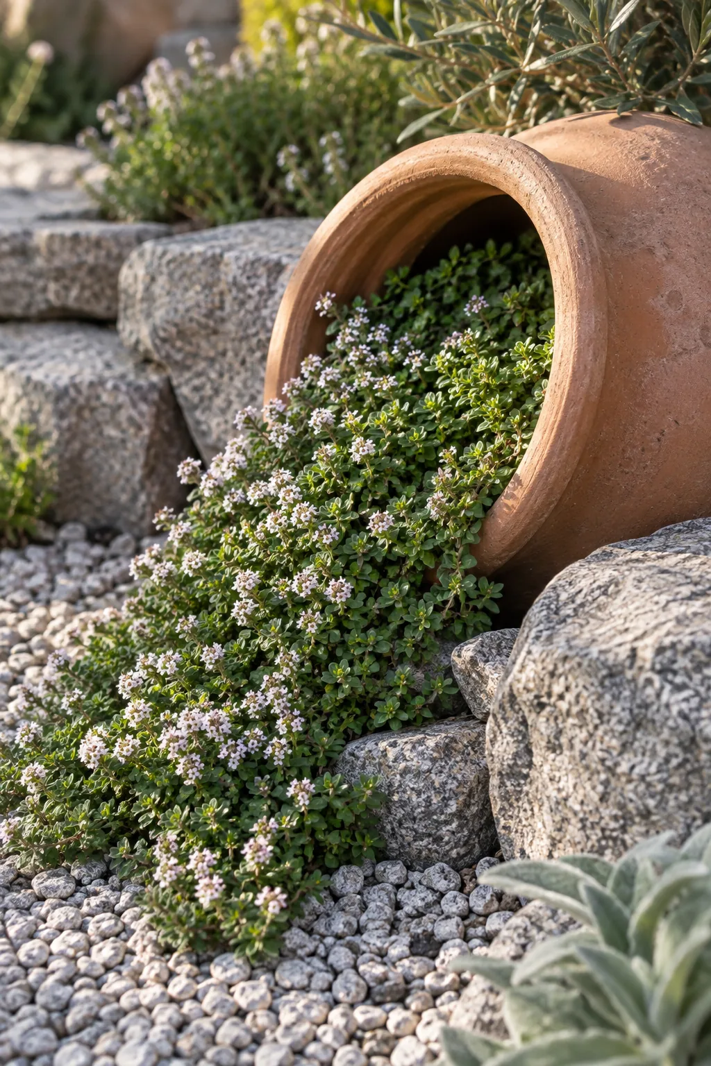 Terracotta pot tipped on its side with creeping thyme spilling onto crushed granite