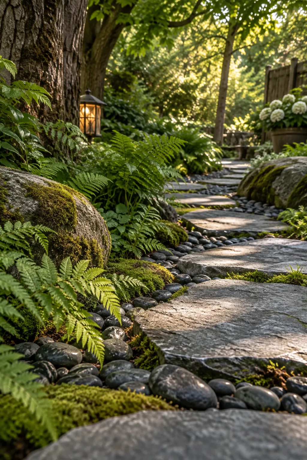Chunky flagstone stepping stones over dark river rocks with ferns