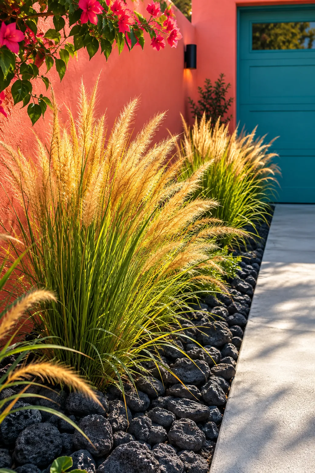Narrow strip next to a driveway filled with black lava rock and tall grasses