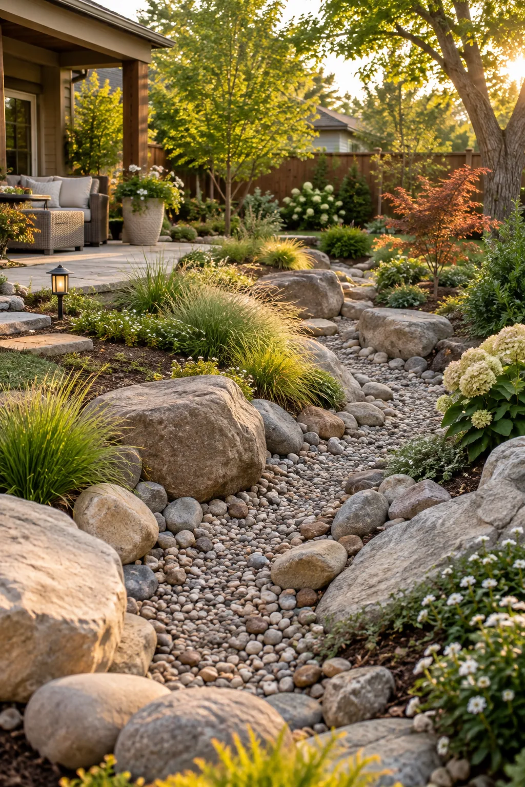 Dry creek bed made of pea gravel, medium cobbles, and large boulders