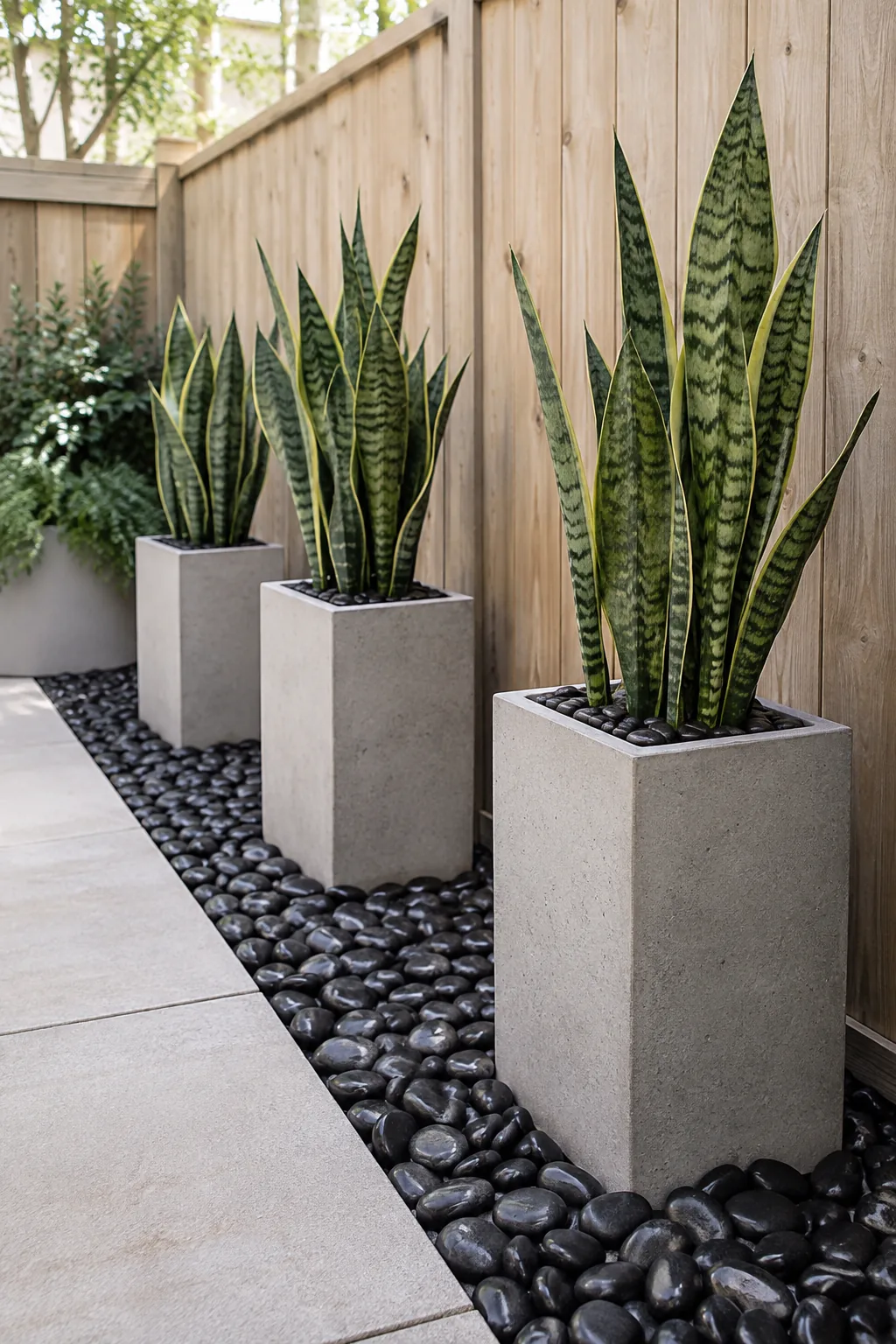 Straight fence border filled with black pebbles and concrete planters holding snake plants