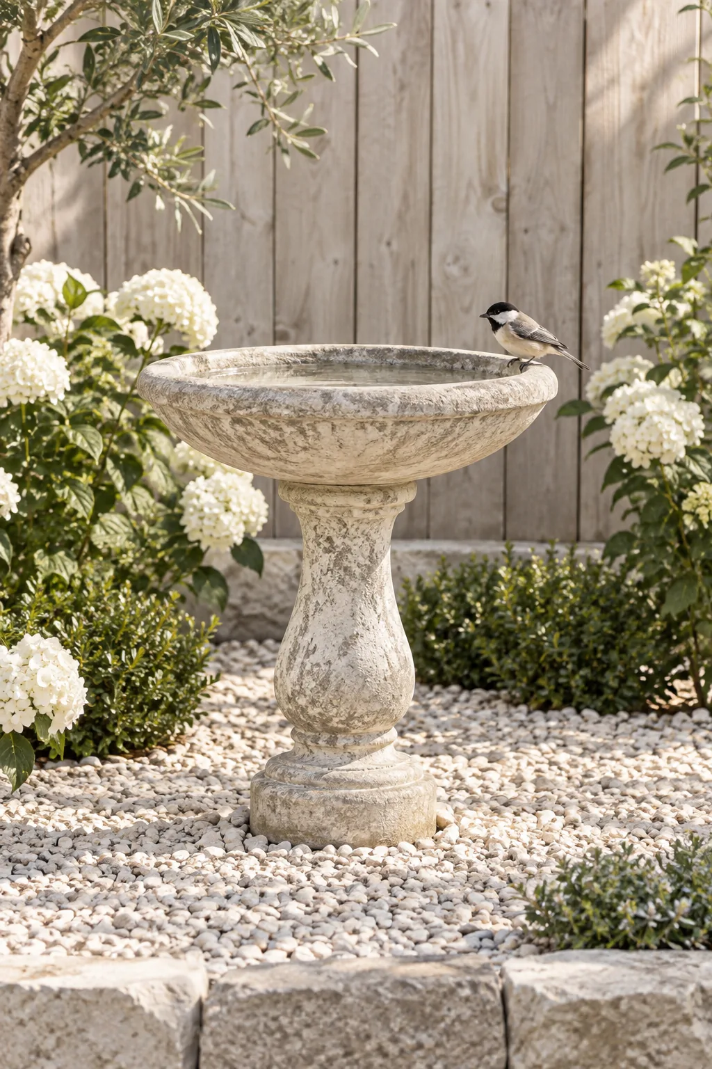 Stone birdbath sitting in the center of a circular bed of crushed limestone