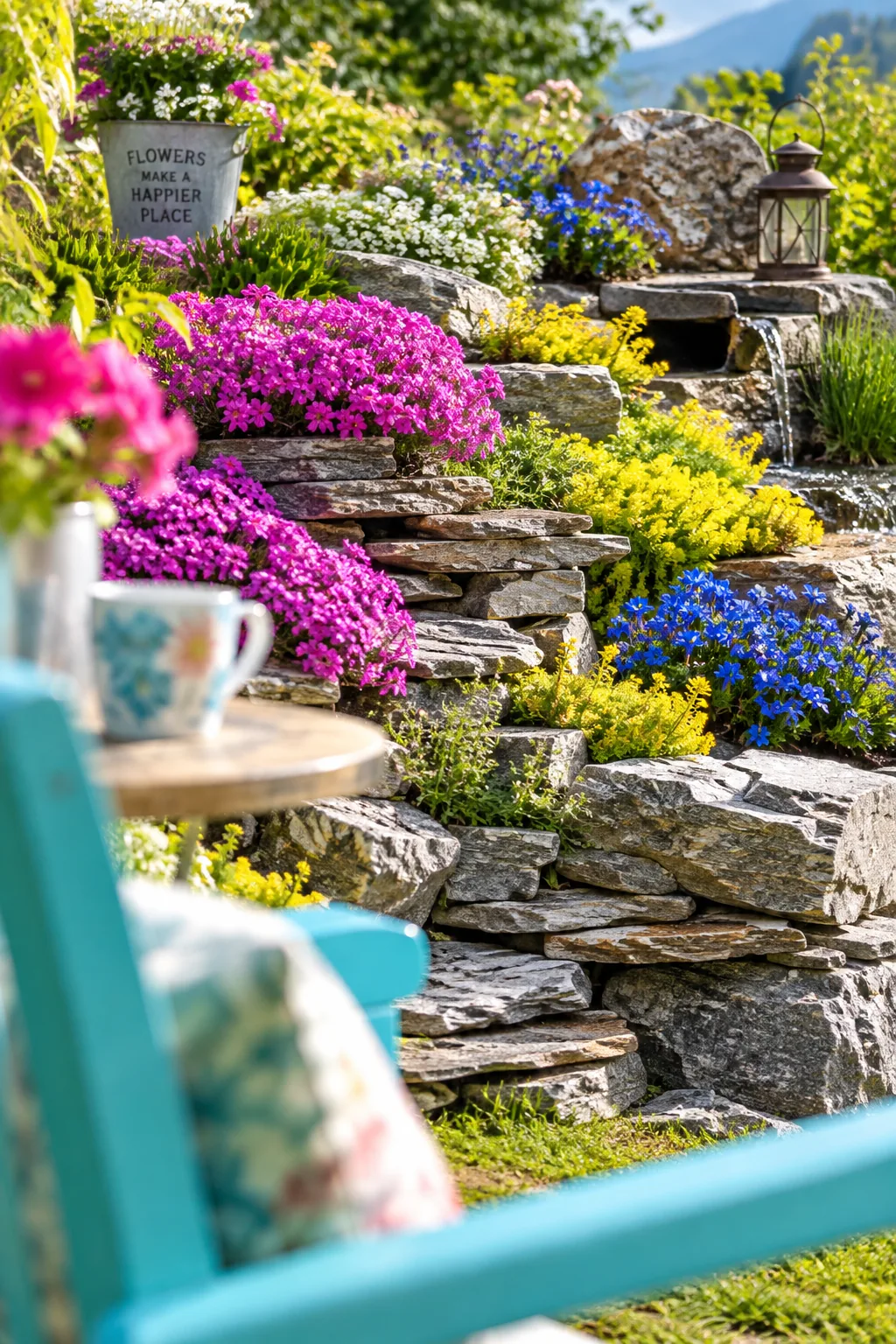Gentle slope terraced with flat slate pieces and small alpine plants