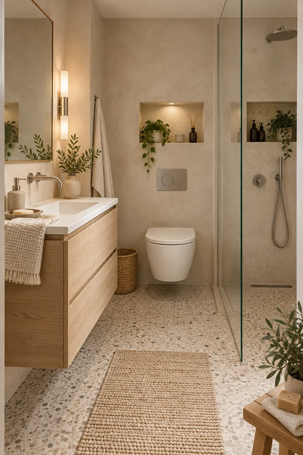 Warm minimalist bathroom with beige plaster walls and a light oak vanity.