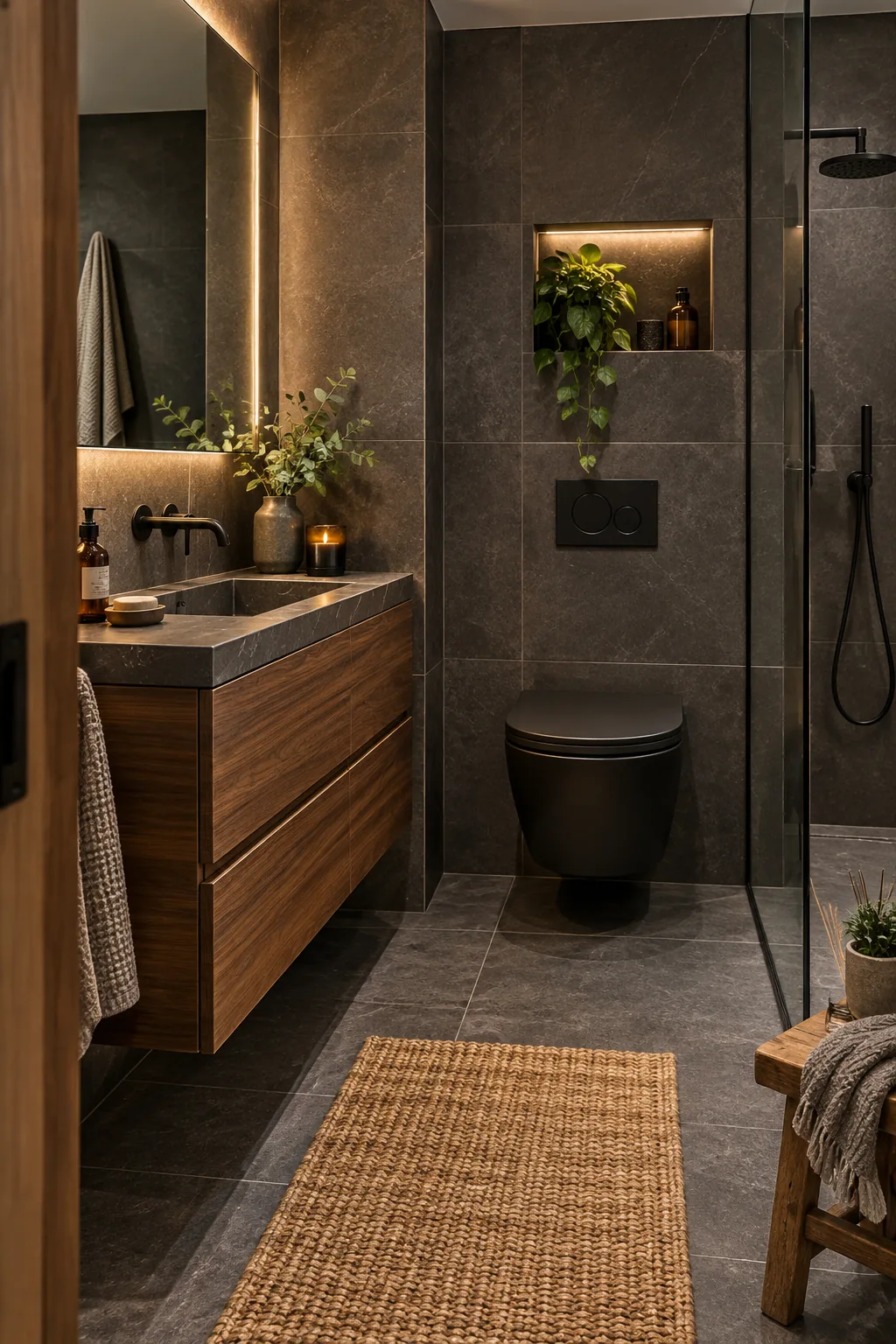 Moody bathroom with dark charcoal tiles and a rich walnut floating vanity.