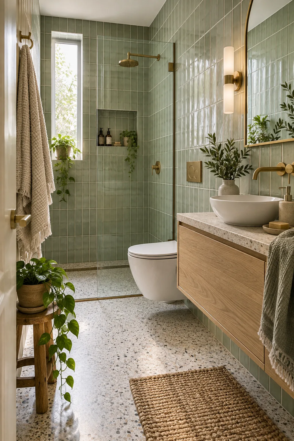 Bathroom with vertical sage green subway tiles and unlacquered brass hardware.