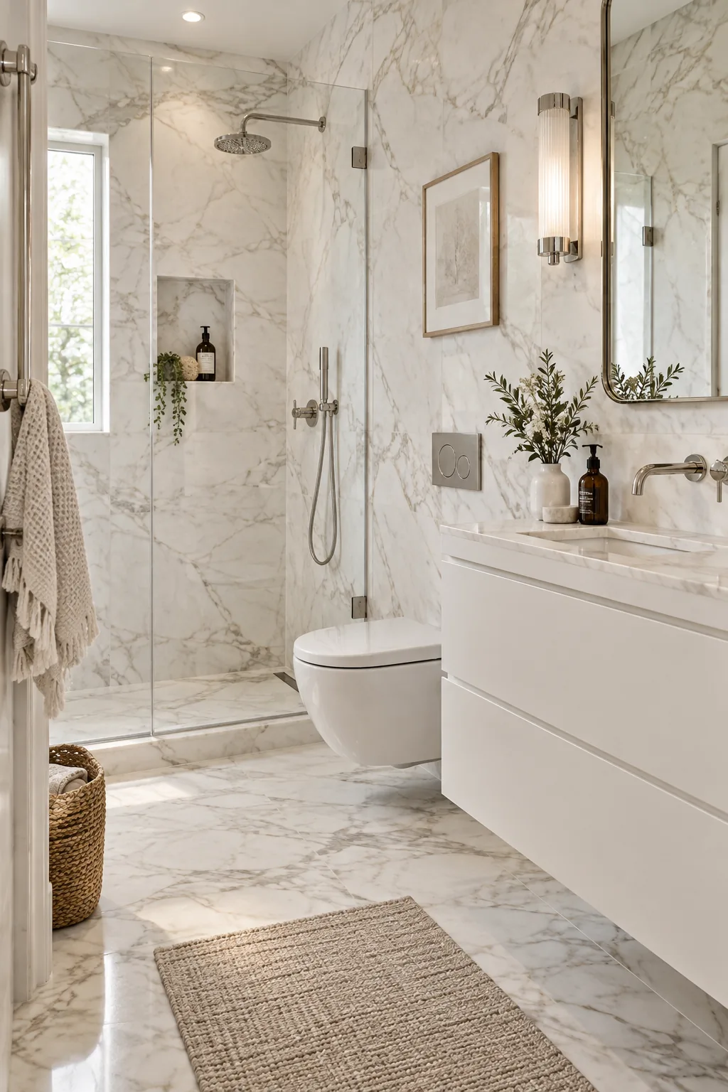 Classic bathroom with Calacatta marble walls and a crisp white floating vanity.