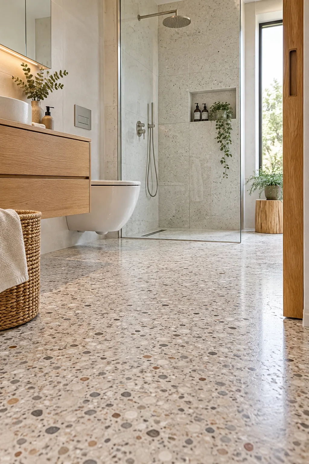 Timber pocket door partially slid into a white wall, revealing a bright modern bathroom.