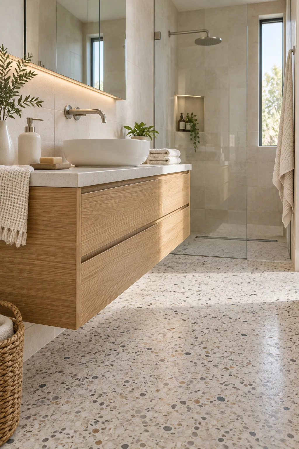 Continuous speckled terrazzo floor tile extending seamlessly into a walk-in shower.