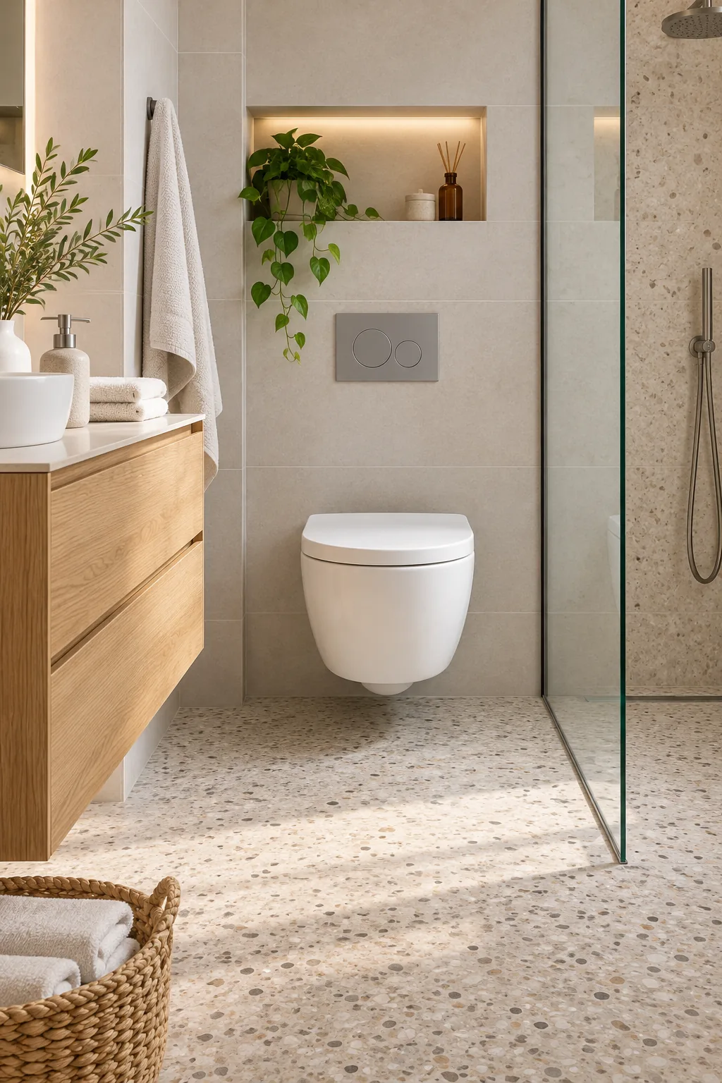 Wall-hung oak vanity with white sink, leaving the floor underneath completely open.