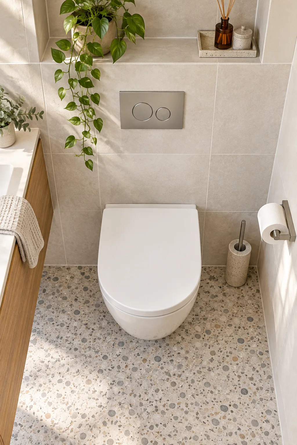 Wall-mounted white toilet with a minimalist silver flush plate on a tiled wall.