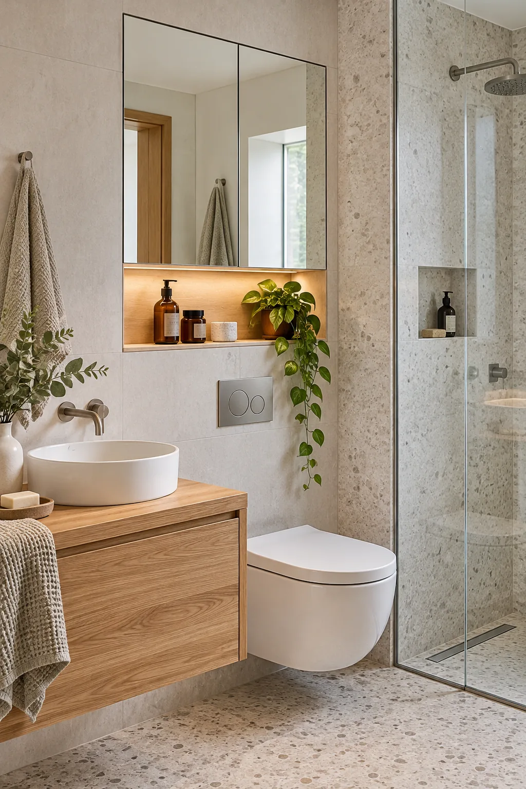 Flush mirrored medicine cabinet and a recessed wall shelf holding amber bottles.