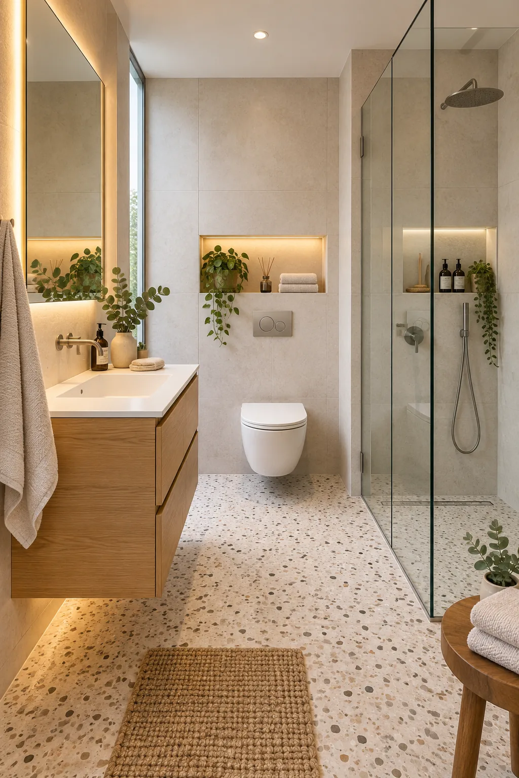 Overhead view of a small bathroom showing clear walking space between fixtures.